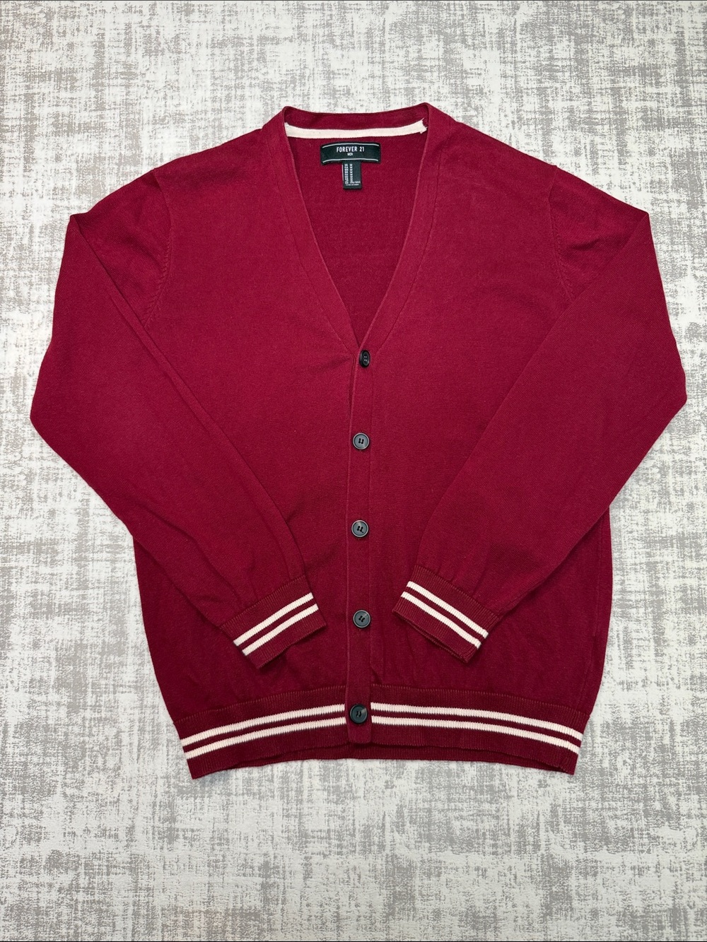 Forever 21 Men's Burgundy Button-Up Cardigan with Stripe Trim Size M